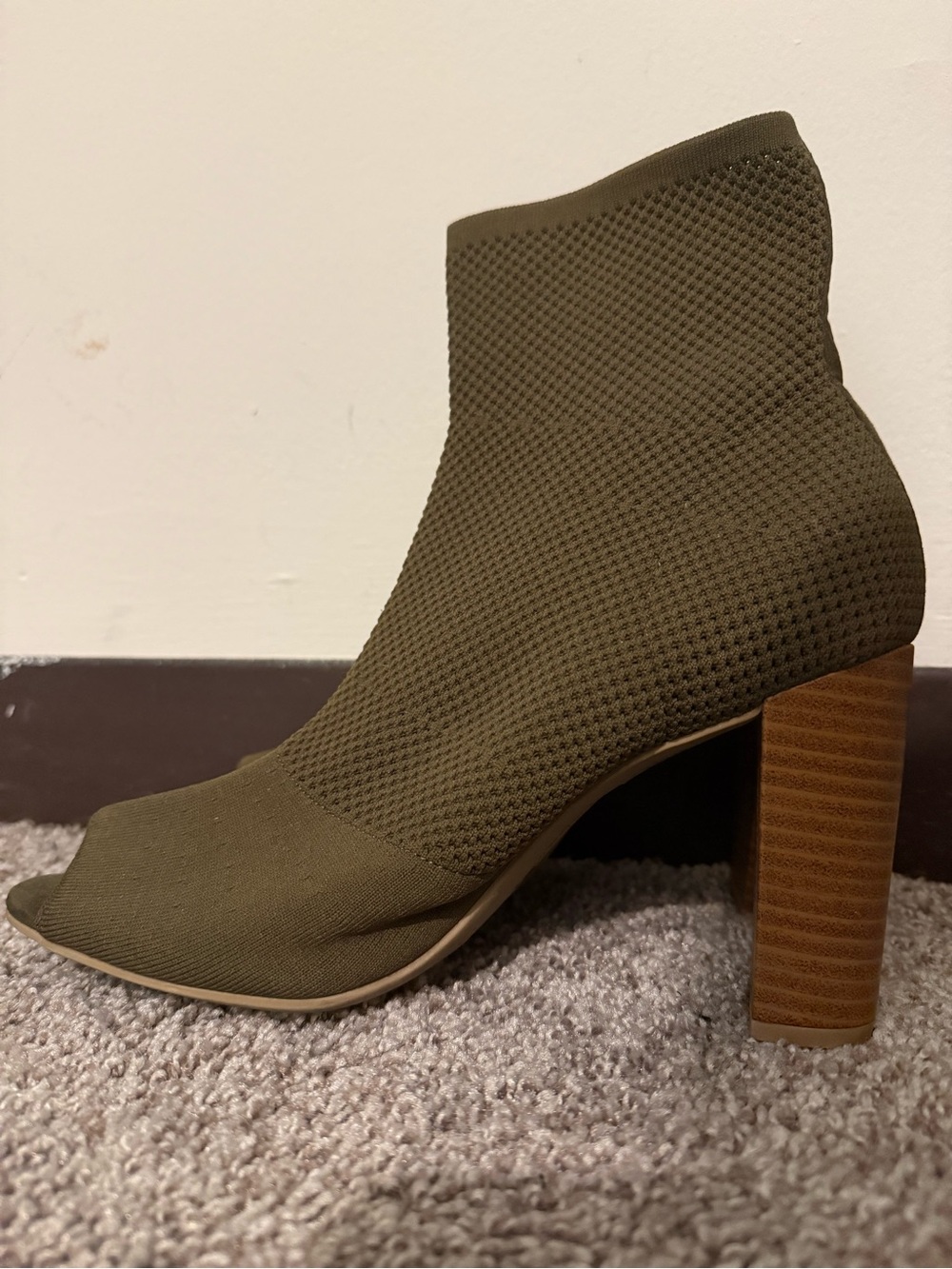Brash Olive Knit Peep-Toe Block Heel Bootie